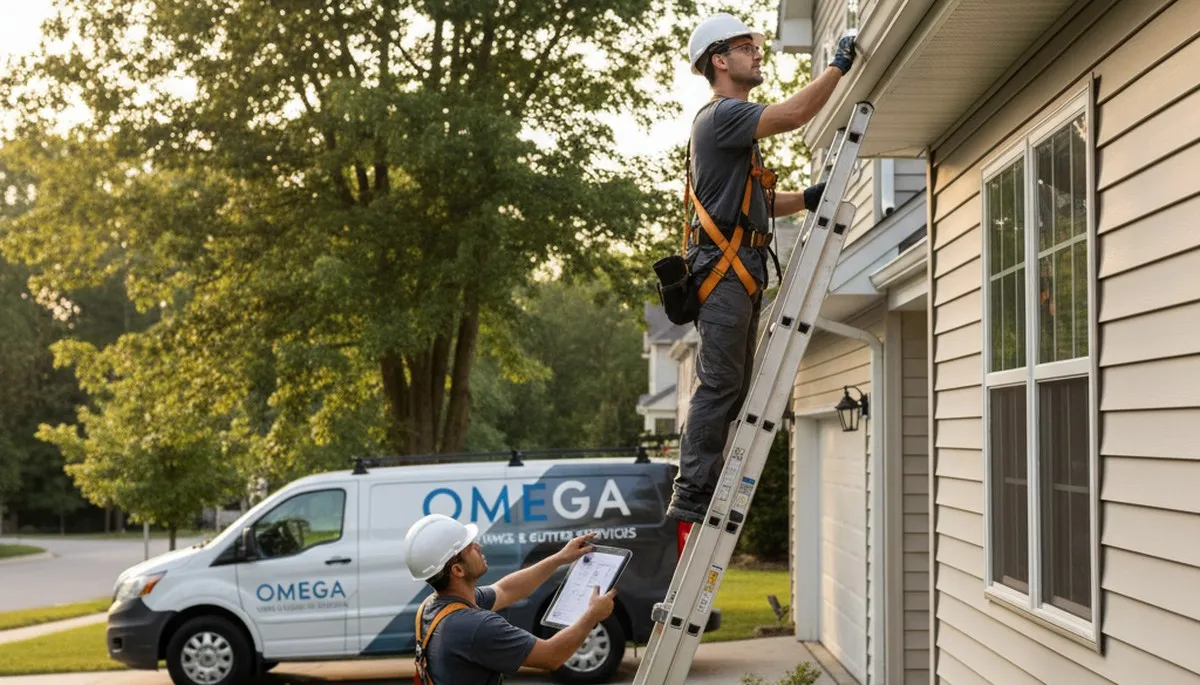 Technician performing gutter inspection on vinyl siding home in Minneapolis, MN