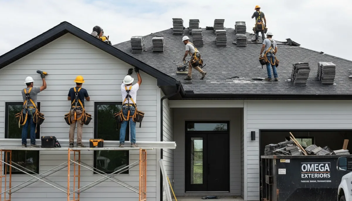 Vinyl siding and roof replacement experts working on a Minneapolis MN home exterior upgrade